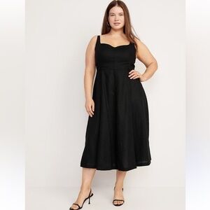 Old Navy Black Fit & Flare Linen Blend Midi Dress Smocked Back Size XXL